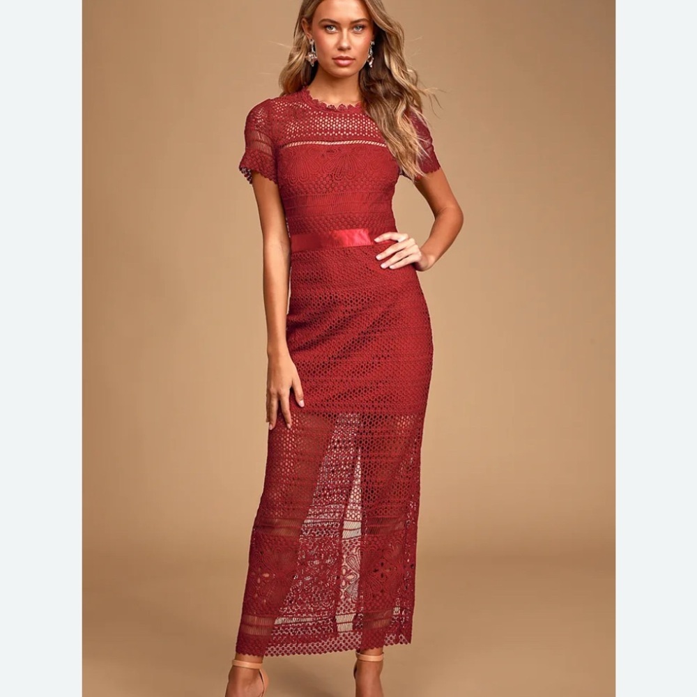 Lulus‎ Love For You Burgundy Crochet Lace Short Sleeve Maxi Dress M